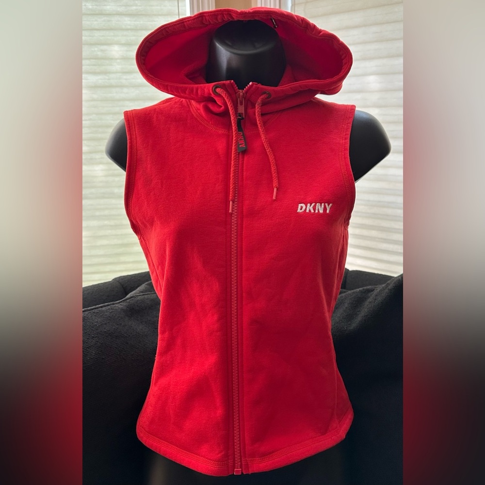 vintage DKNY sleeveless hoodie full-zip jacket/Y2K fleece/cherry red/petite/rare